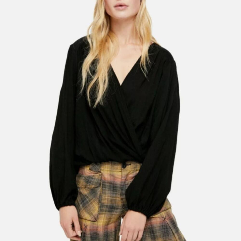 Free People Black Check On It Draped Wrap Balloon Sleeve Top Blouse WMNS S Black
